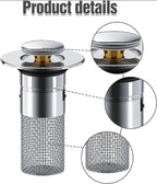 Set di 2 tappi per lavabo con raccoglicapelli, filtro di scarico pop-up in acciaio inox con cestello filtro rimovibile
