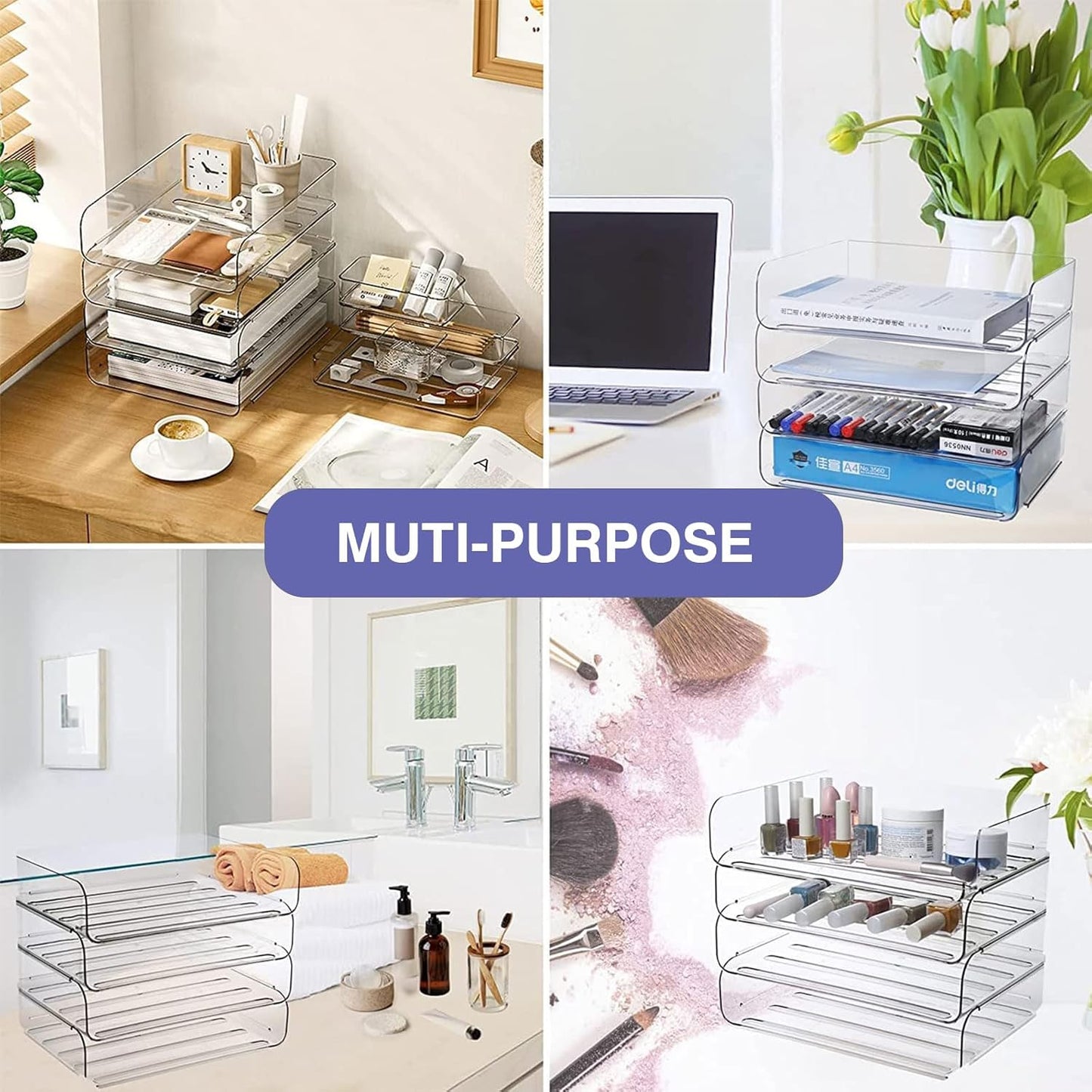 Greentainer 4-Tier Storage Basket for A4, Document Tray Made of PET Plastic, Stackable Desk Organizer Letter Tray